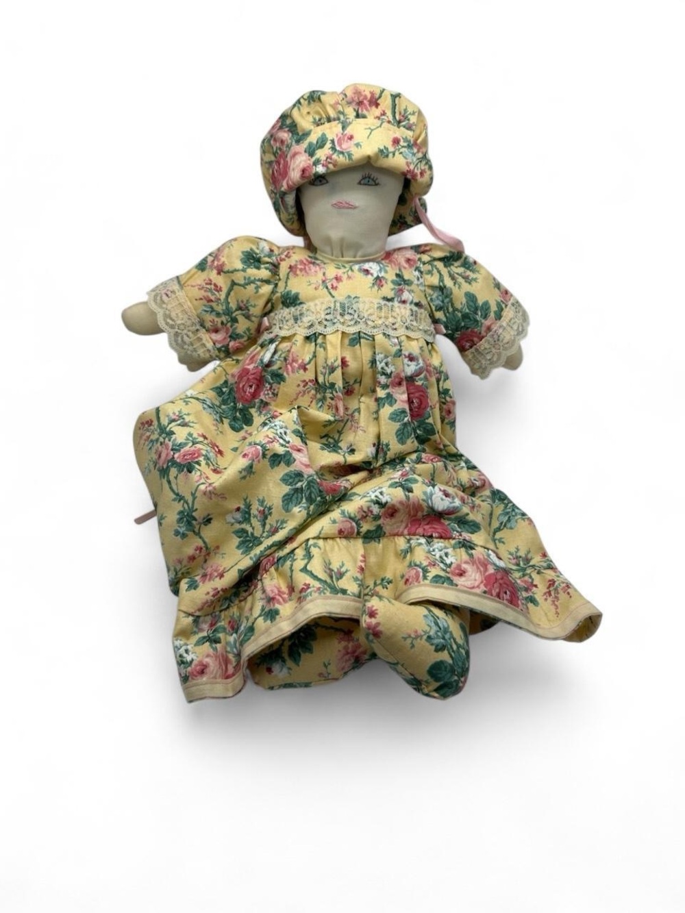 Vintage Handmade Cloth Doll Folk Art Yellow Floral with Bonnet